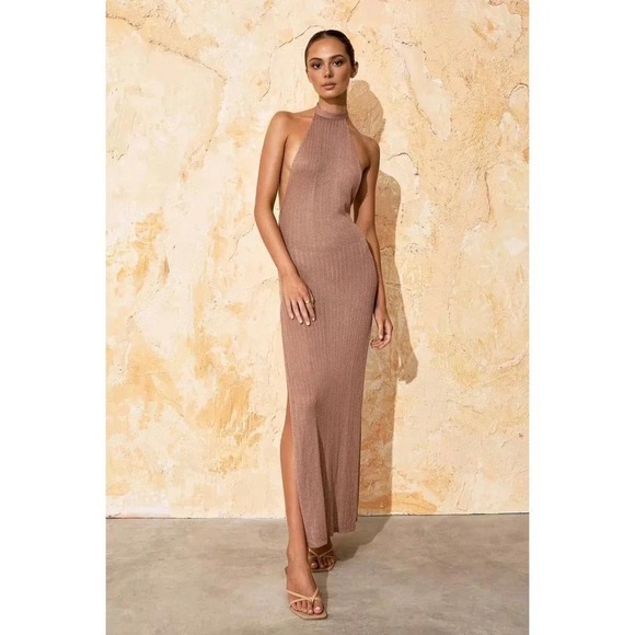 Flook The Label Dresses & Skirts - Flook the Label Zadia Knit Halter Maxi Dress Tan REVOLVE Slinky Resort‎ Medium